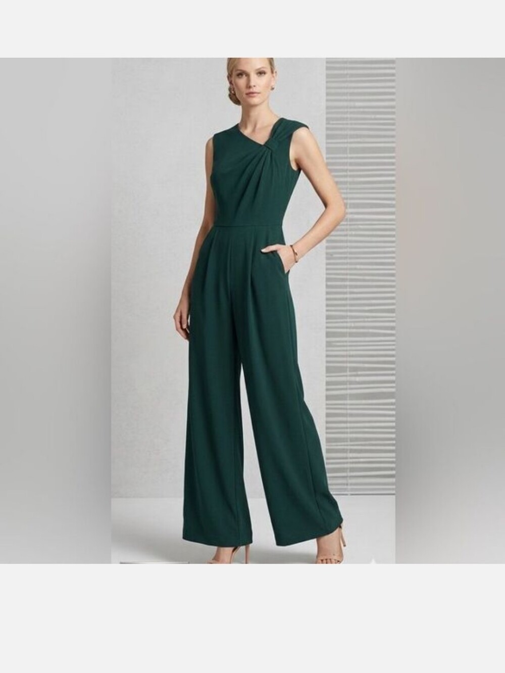 Calvin Klein Forest Green Asymmetrical Pleated Sleeveless Wide Leg Jumpsuit  12